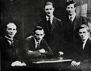 Four members of The Squad, left to right: Michael McDonnell, Tim Keogh, Vinny Byrne, Paddy Daly and Jim Slattery, Byrne and daly were prominent in the Civil War, Daly may have been behind the killing of prisoners in Kerry.