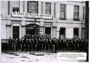 The Citizen Army banner in 1916, 'We serve neither King nor Kaiser, but Ireland'.