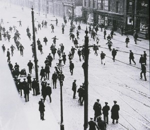 A street riot in in Belfast, 1920. The political violence surrounding partition contributed to the break up of football on the island.