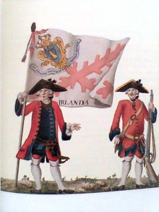 Irish soldiers in the 18th century Spanish Army. The banner reads 'Irlanda'.