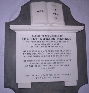 Edward Nangle memorial tablet at St Thomas' Church, Dugort, Achill. Photo by P Byrne