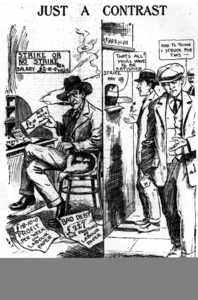 A cartoon portrays Larkin as the real exploiter.
