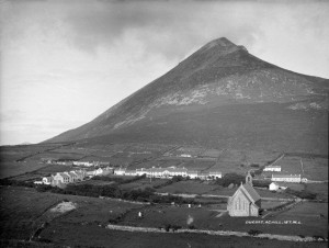 The Colony, Dugort, Achill c. 1870 with St Thomas' Church in foreground.