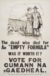 A 1932 Cumann na nGaedheal poster citing Seamus Dwyer as one of those who died over the Oath of Allegiance, which De Valera later called, 'an empty formula'.