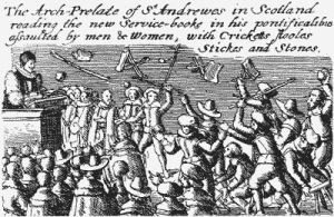 The Scots riot against the unpopular religious policies of Charles I.