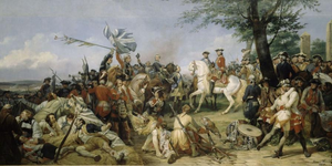 A depiction of the battle of Fontenoy, 1745 in which Irish troops were instrumental in the French victory over British forces.