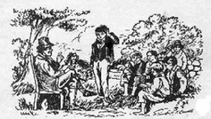 A depiction of a 19th century hedge school.
