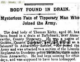 A report into Thomas Kirby who was abducted and shot by the IRA near Golden, Tipperary on 8 Jan 1921. (Courtesy of Cairo Gang website)