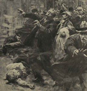 A nationalist depiction of the shootings at Bachelor's Walk, in which British troops killed three civilians.