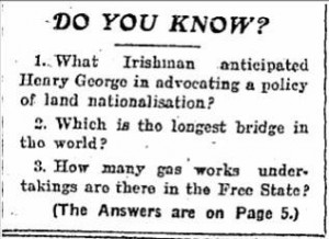 Quiz in the Irish Independent, 1929.