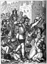 A 19th century depiction of the sack of Drogheda, showing Cromwell observing the massacre of civilians.
