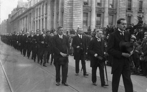 WT Cosgrave leads the funeral procession for Kevin O'Higgins, the government minister gunned down in July 1927