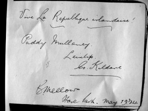 Paddy Mullaney's autograph book from his stay in Kilmainham gaol. Written incongruously in French is 'Long Live the Irish republic'.