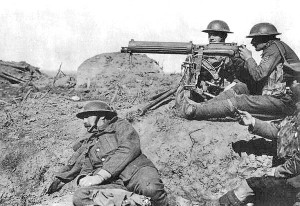 Vickers machine gun being used by British troops in the First World War.