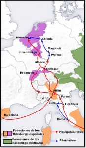The routes taken by Spanish troops to Flanders.