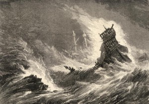 A depiction of the wreck of the Armada off Ireland.