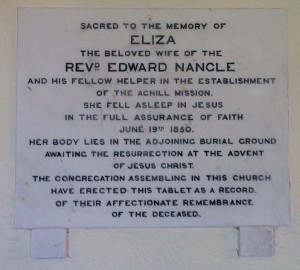 Eliza Nangle plaque at St Thomas' Church Dugort