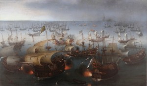 A naval battle between English and Spanish ships.