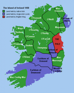 An approximate map of lordships in Ireland before the Tudor conquest. (Wikipedia).