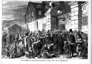 A riot outside a workhouse during the famine of the 1840s.