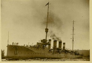 HMS Gloucester. Mobilised to intercept the Aud and later used against the Rising in County Galway.