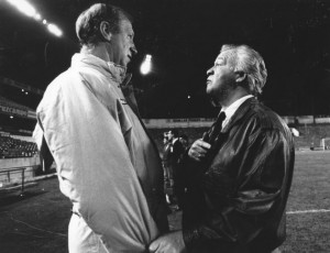 Republic manager Jack Charlton (L) and Northern manager Billy Bingham (R) square up before the game at Windsor Park.