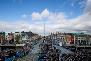 Crowds on Dublin's O'Connell Street watch the Irish Air Corps fly past during the 2016 Easter Rising commemoration. (Pic Courtesy of Irish Times).